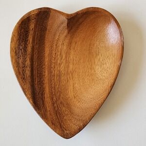 Heart Shaped Wooden Bowl Brown Oak Wood Hand Carved Catchall Dish Cottagecore